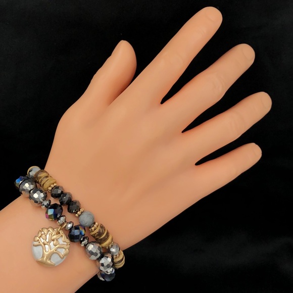 Black Grey Brown Beaded Tree of Life Gold Silver Charm Stretch Bracelet Set - Picture 2 of 2